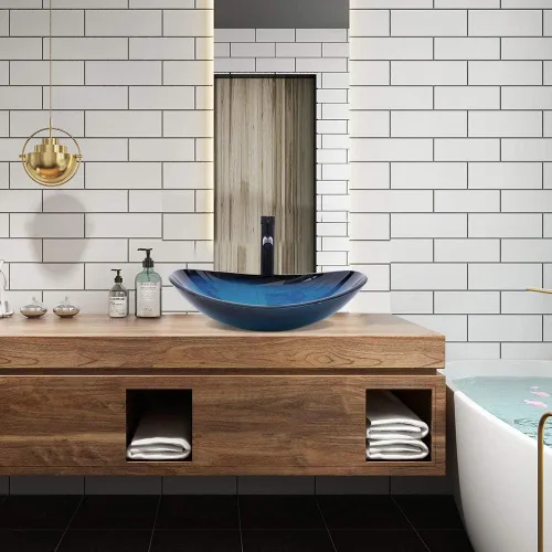 Miniatura 2 de Lavabo de Recipiente Lavabos de Baño Vidrio Templado Azul Cuenca de Arte 20.8"x13.7" Cuenco Ovalado Sobre Encimera con Grifo y Desagüe Pop-Up Combo