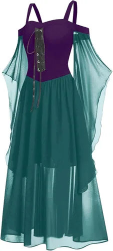 Miniatura 2 de Vestido gótico renacentista para mujer, disfraz de Halloween, hombros descubiertos, encaje y manga de trompeta, vestido medieval steampunk