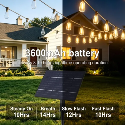 Miniatura 5 de Achin 50FT Solar String Lights Outdoor with 32 LED Bulbs 1.5FT Bulbs Spacing,Patio String Lights Whith Remote, IP65 Waterproof, 3600mAm Battery