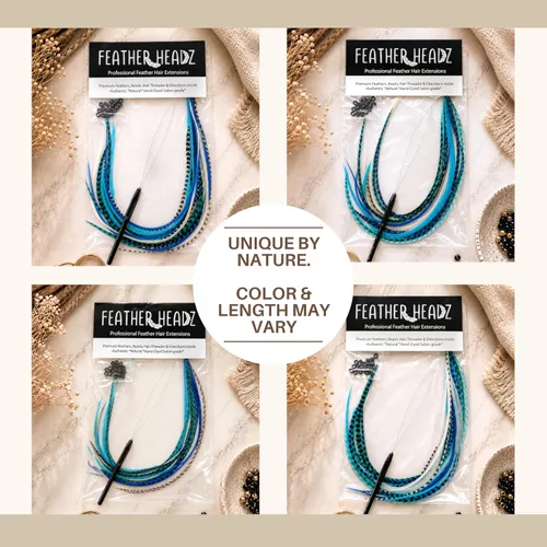 Miniatura 4 de 21 extensiones de cabello de color azul, kit de gallo de 9 a 14 pulgadas de largo, con 20 cuentas de microenlace, plumas 100% reales, estilo bohemio
