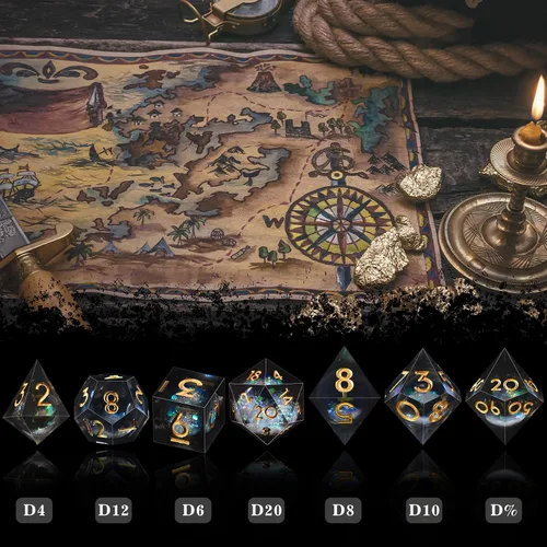 Miniatura 2 de AUSTOR Juego de dados DND de resina de núcleo líquido, de borde afilado poliédricos, juego de 7 dados DND de arena movediza hechos a mano de resina