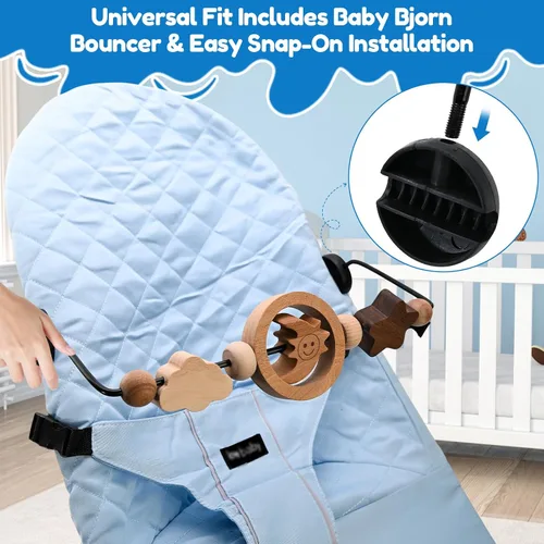 Miniatura 5 de Barra de juguete de actividad de madera natural para bebé Bjorn Bouncer, juguetes colgantes de luna sonriente giratoria de 360° para asiento