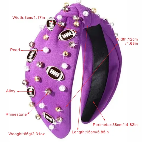 Miniatura 5 de Diadema de fútbol de moda para mujer, color negro, rojo, naranja, azul, perla, diamantes de imitación, diadema anudada para niña, diadema ancha