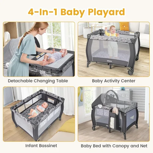 Miniatura 5 de INFANS 4 en 1 Pack and Play, corralito portátil de viaje para bebé con moisés, cambiador, toldo, mosquitera, juguetes colgantes, caja de música