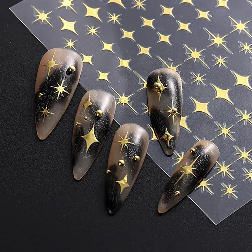 Miniatura 5 de Calcomanías de arte de uñas doradas, diseño de sol, luna, estrellas, línea de corazón, flores, calcomanías autoadhesivas para uñas, calcomanías