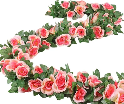 Miniatura 10 de Guirnalda de vid de rosas falsas de 16 pies, plantas artificiales para colgar, hiedra rosa, hogar, hotel, oficina, boda, fiesta, decoración