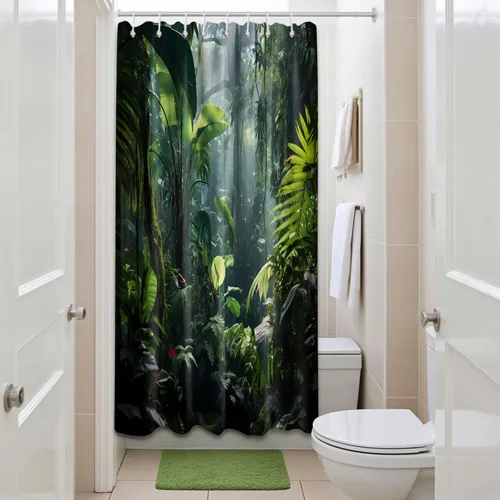 Miniatura 2 de Cortina de ducha verde de selva naturaleza bosque selva tropical paisaje planta tropical decoración de baño, tela impermeable con ganchos, 36x72