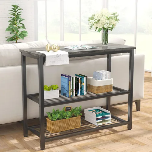 Miniatura 5 de Ecoprsio Mesa consola pequeña, mesa de sofá con estantes dobles de malla, moderna mesa de entrada para entrada, pasillo, vestíbulo, pasillo Gris