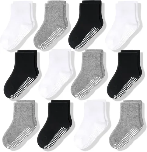 CozyWay Kids Socks With Grippers Non Slip Crew Grip Socks for Girls and Boys Soft Comfy Cotton Unisex - 12 Pack
