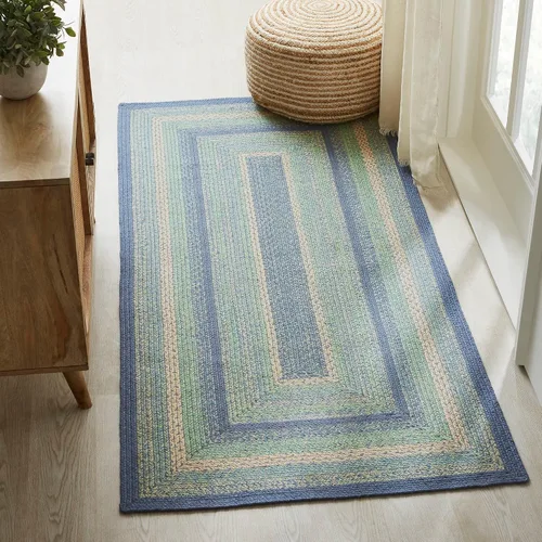 Miniatura 11 de VHC Brands Jolie Farmhouse - Alfombra decorativa de 19.5 x 36 pulgadas, textura azul de yute a rayas, medio círculo, decoración para el suelo