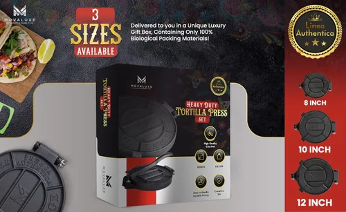 Miniatura 9 de Movaluxe® Prensa de tortilla de hierro fundido de 8 pulgadas GRANDE - Máquina para hacer maíz y harina Roti Prensador de tortillera resistente. Con