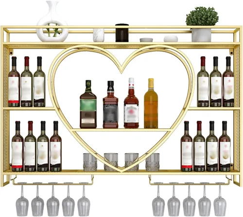 Floating Wine Rack with Glass Holder and Heart Shaped Shelves Gold Wine Display Stand for Living Room or Wine Cellar Holds Liquor Bottles and Wine