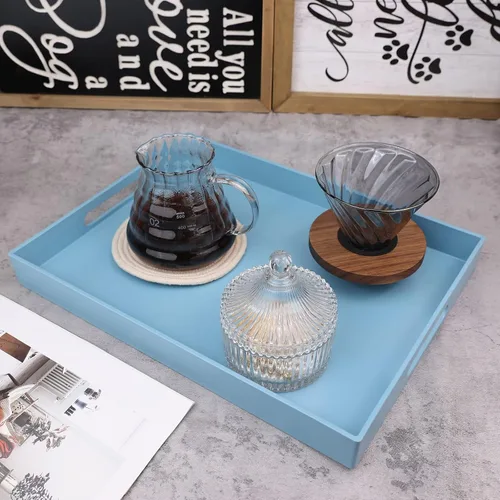 Miniatura 4 de Bandeja azul para mesa de café, bandeja decorativa rectangular de plástico con asas para entretenimiento, patio al aire libre, sala de estar