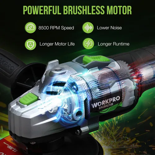 Miniatura 2 de WORKPRO Amoladora angular inalámbrica, amoladora sin escobillas de 20 V con batería de 4.0 Ah y cargador rápido, discos de 4-1/2 pulgadas, motor sin