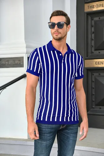 Miniatura 2 de Mens Striped Polo Shirts Black and White Striped Golf Shirts,Cotton Blend Knit Button Down Casual Summer Short Sleeve