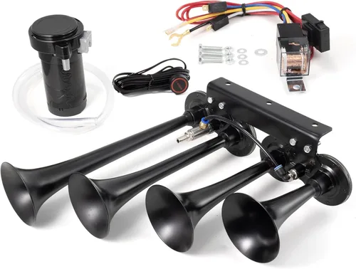 Miniatura 11 de Bocina de camión 150 dB, kit de 4 bocinas de tren tipo trompeta para camiones, bocina de aire de 12 V para camiones, bocinas de tren súper fuertes
