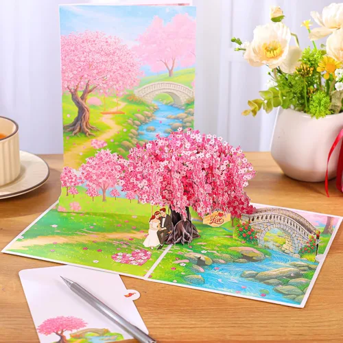 Miniatura 2 de Tarjetas de aniversario desplegables, flores de cerezo en 3D y pareja enamorada, San Valentín, tarjetas de boda para esposa, marido, ella, él