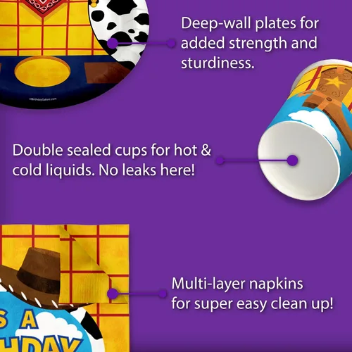 Miniatura 5 de Birthday Story Toy Cowboy - Juego de suministros para fiesta de cumpleaños, platos, servilletas, tazas, kit de vajilla para 16 Historia de cumpleaños