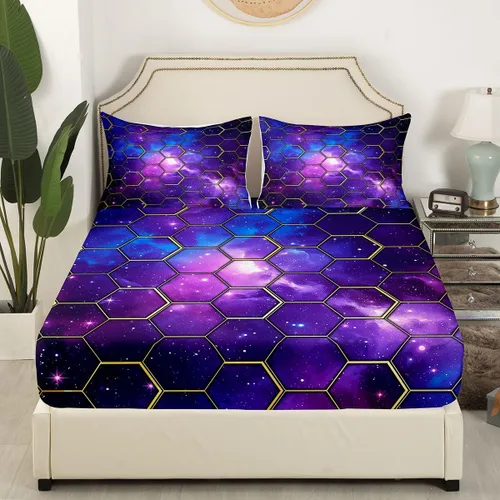 Miniatura 3 de Manfei Juego de sábanas bajeras de panal de galaxia, tamaño individual, 2 piezas, estampado geométrico hexagonal, funda de cama de cielo estrellado