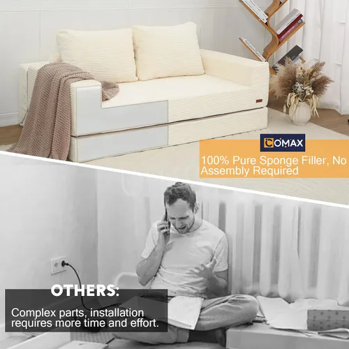 Miniatura 9 de COMAX Sofá Cama Convertible Queen, Sofá de Piso Plegable de Pana Sofá Cama Extraíble Futón Sleeper con Almohadas, Sofá Plegable Sin Estructura