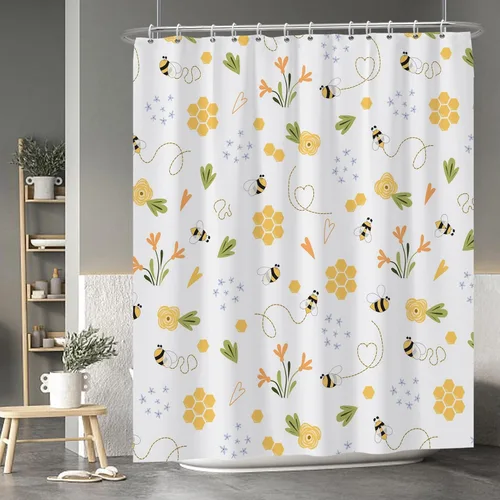 Miniatura 57 de Baocicoo - Cortina de ducha de abeja de miel, diseño de abeja de caricaturas, pista voladora, rústica, floral, para baño, decoración de bañera