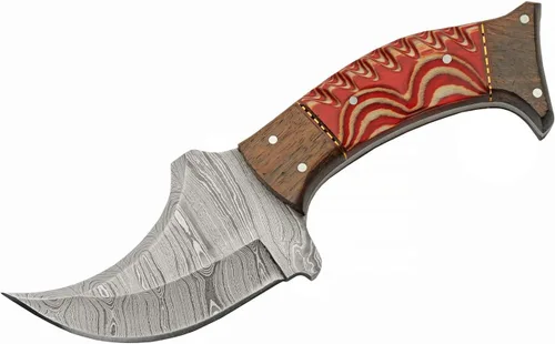 Miniatura 2 de SANZ - Cuchillo de caza de rinoceronte de Damasco de 8 pulgadas, cuchillo de campamento rojo con mango de madera, hoja de espiga completa y funda