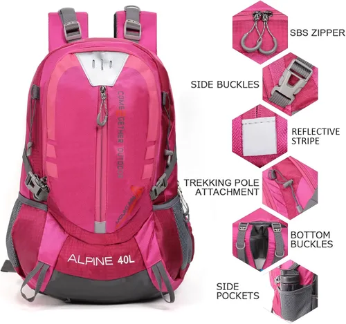 Miniatura 3 de Mochila de senderismo para acampar de 40 litros, mochila de viaje ligera con cubierta para lluvia para mujeres y hombres (rosa)
