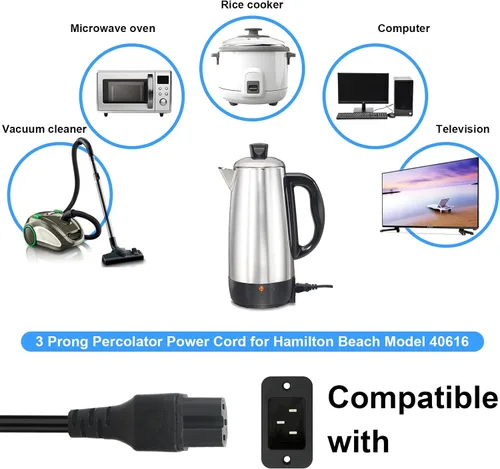 Miniatura 3 de Cable de alimentación percolador de 3 clavijas para Hamilton Beach Modelo 40616, piezas de repuesto para cafeteras Farberware, monitores de 3 pies