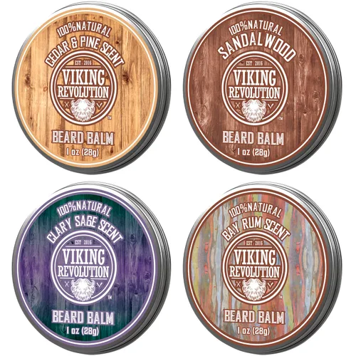 Viking Revolution Paquete variado de 4 bálsamos para barba (1 onza cada uno), sándalo, pino y cedro, ron de bahía, salvia clara, estiliza, fortalece