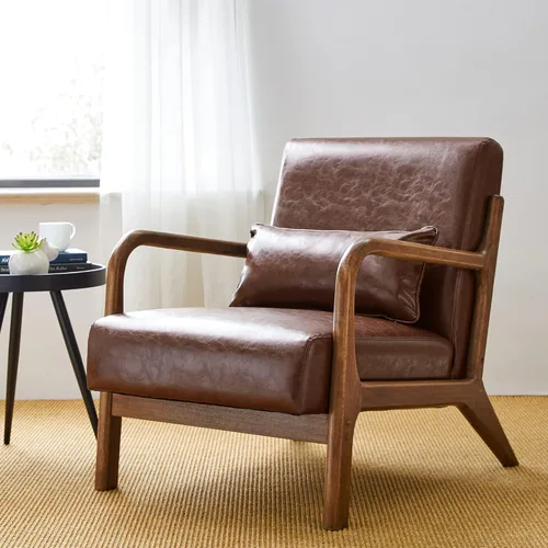 Miniatura 18 de Glitzhome Sillón Accent de mediados de siglo en verde cazador, sillón de lectura individual de cuero PU con marco de nogal y ruberwood Pu verde.