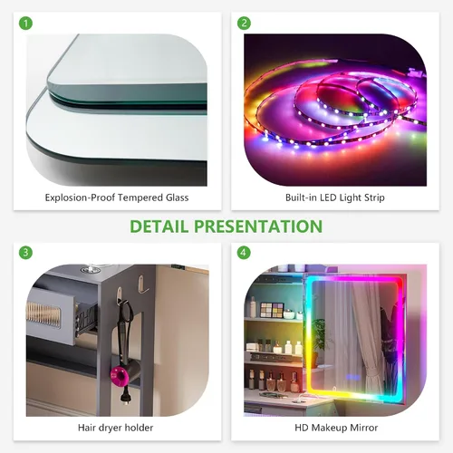 Miniatura 3 de HNEBC Escritorio de tocador con espejo deslizante y luces LED, tocador RGB con estación de carga, tocador de maquillaje con control remoto, tocador