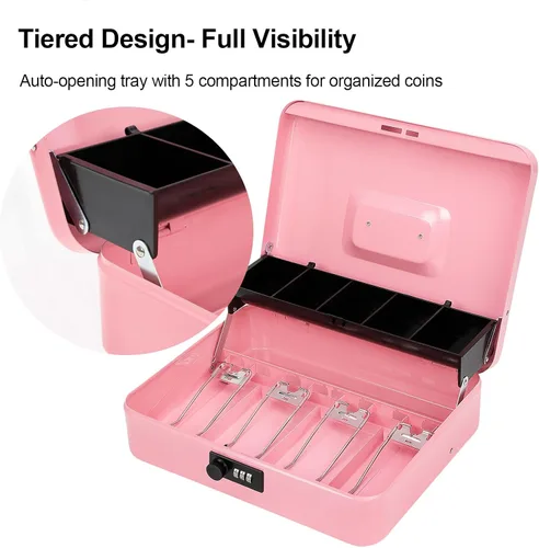 Miniatura 5 de Jssmst Caja de Efectivo con Bandeja de Dinero y Cerradura - Caja de Efectivo Rosa con Cerradura de Combinación Segura Grande, Caja Registradora