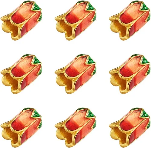 Miniatura 15 de Pandahall - 10 tapas de cuentas de aleación esmaltadas de 4 pétalos, 0.709 x 0.472 in, espaciadores florales dorados, cuentas de cono sueltas
