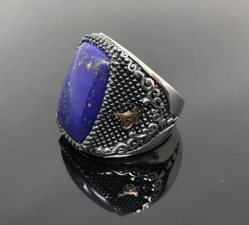 Miniatura 3 de KAR Anillo único de plata de ley 925 con piedra de lapislázuli, otomano, para hombre, talla K53B
