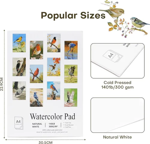Miniatura 2 de RGBMIX Libro de 12 hojas de papel para acuarela de pájaros 9x12'' Libro de papel para acuarela, papel para colorear, bloc de pintura, alivio