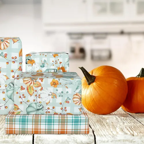 Miniatura 6 de Whaline 12 hojas de papel de regalo de calabaza de otoño, bohemio, pastel, calabaza, camión, papel de regalo, a cuadros blancos cian, manualidades