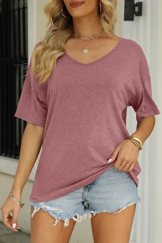 Miniatura 2 de MIROL Camisetas de media manga para mujer, cuello en V, de gran tamaño, sueltas, casuales, básicas, de color liso
