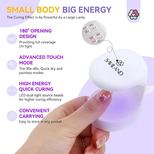 Miniatura 7 de Saviland Mini Lámpara de Uñas, Lámpara de Uñas de Secado Rápido de Gel 16W, Luz UV Portátil para Extensión de Uñas Fácil y Rápida, Lámpara de Curado
