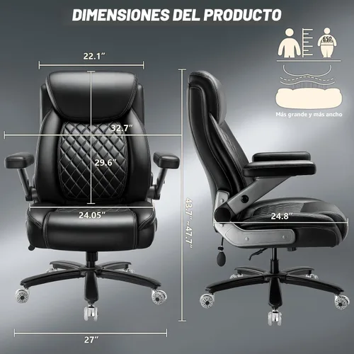 Miniatura 3 de Silla de oficina grande y alta de 650 libras con brazos abatibles 5D y cojín de resorte de bolsillo grueso, silla de oficina extra ancha resistente
