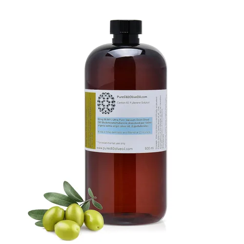 PureC60OliveOil Aceite de oliva orgánico C60 500ml / 16.9 Fl Oz - 99.95% Carbon 60 Libre de solventes 400mg - Grado alimenticio - Carbono 60 en