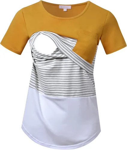 Miniatura 42 de Bhome Camiseta de lactancia con bloque de color de manga corta para lactancia materna camisa de embarazo con bolsillo
