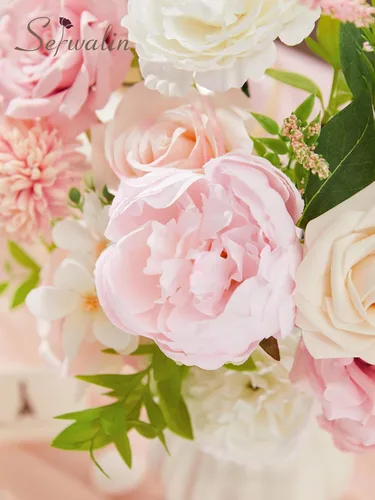 Miniatura 5 de Serwalin Flores Artificiales Peonías Rosas Flores Falsas de Boda Conjunto de Caja de Flores para Pastel para Ramos de Boda DIY Centros de Mesa