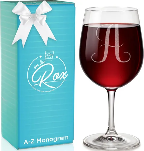 Regalos de vino con monograma A-Z para mujer, copa de vino personalizada grabada de 12.75 onzas, regalos divertidos con monograma para amantes del