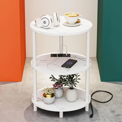 Miniatura 27 de Mesa auxiliar redonda pequeña – Mesa auxiliar ovalada de 3 niveles para espacios pequeños, mesa auxiliar de sofá de madera rústica y metal, mesita