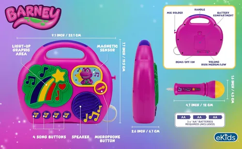 Miniatura 4 de Barney - Micrófono de karaoke con boombox para fanáticos de los juguetes de los niños, máquina de karaoke para niños con música integrada (Barney)