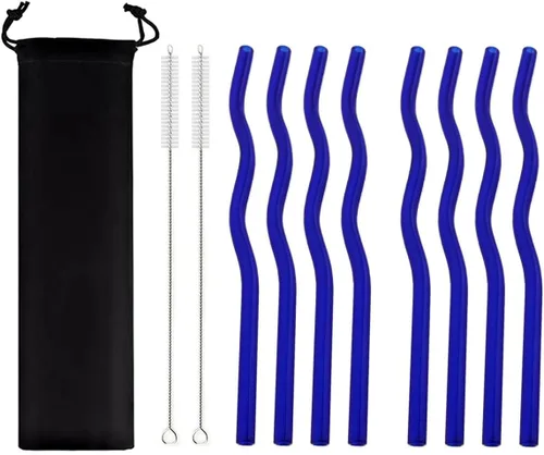 Miniatura 14 de JASHII Pajitas de vidrio onduladas incoloras, 8 pajitas de vidrio reutilizables de 7.87 x 0.31 pulgadas con bolsa negra, multicolor para beber
