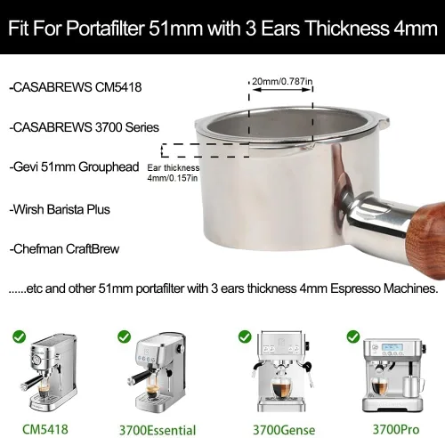 51mm Portafiltro sin fondo de 3 orejas compatible con CASABREWS CM5418 y serie 3700 | con cesta de filtro de capacidad de doble disparo en acero