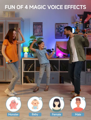 Miniatura 4 de Máquina de karaoke para niños y adultos, mini altavoz Bluetooth portátil con 2 micrófonos inalámbricos, luces LED para TV, regalos para niñas y Azul