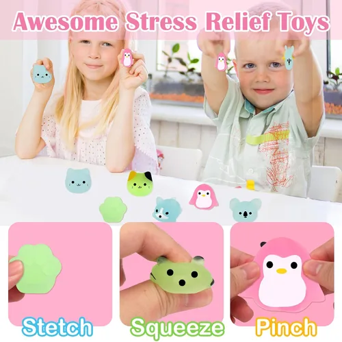 Miniatura 6 de Outee 20 piezas de juguetes Mochi Kawaii animales con caja de regalo que brillan en la oscuridad, lindo juguete para aliviar el estrés, recuerdos