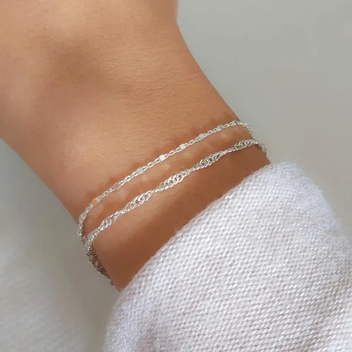 Miniatura 2 de Pulsera de doble cadena Annika Bella, cadena de mano de 6.5-7.5 pulgadas, pulseras de cadena de plata de ley 925, joyería minimalista para mujer